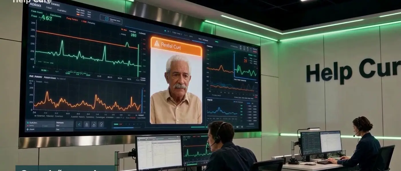 Central de monitoramento Help Cure com sinais vitais em telas grandes